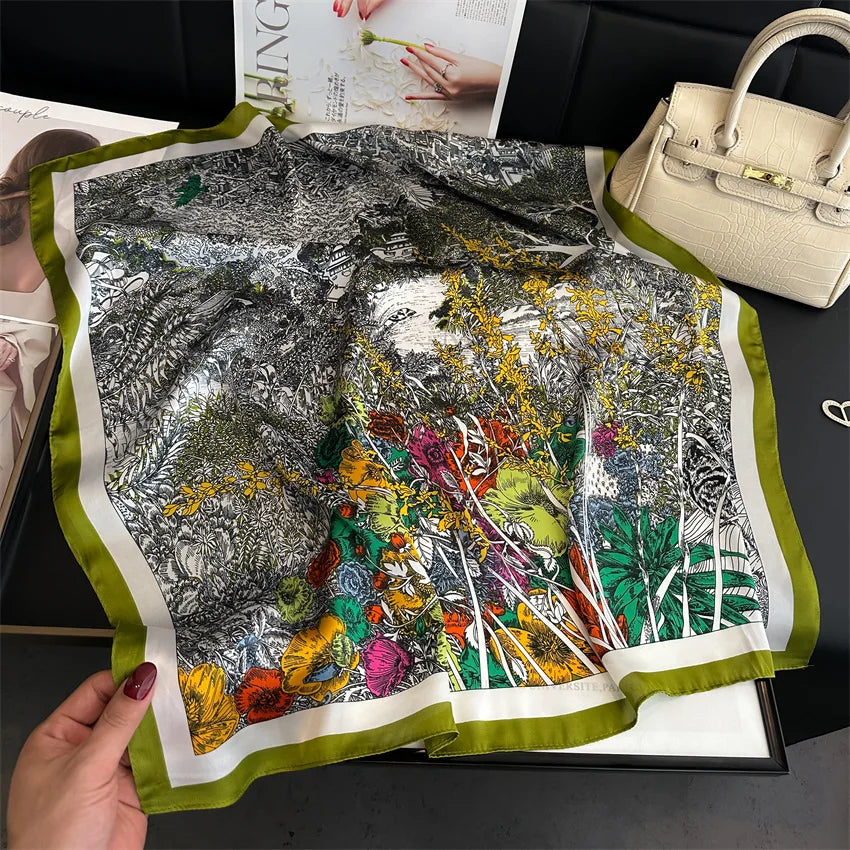 Imitated Silk Headcloth Fashion Flower Print Square Shawls Popular 70X70cm Bandanna Kerchief Sun Protection Silk Scarves Tie Bag