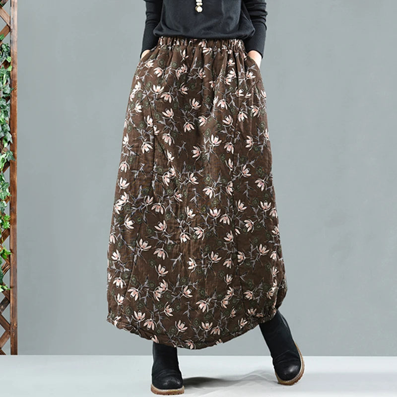 Careaymade New Autumn Winter Print Cotton Skirt Women Elastic Waist Thick Warm Long Skirts Female Loose Vintage Skirts