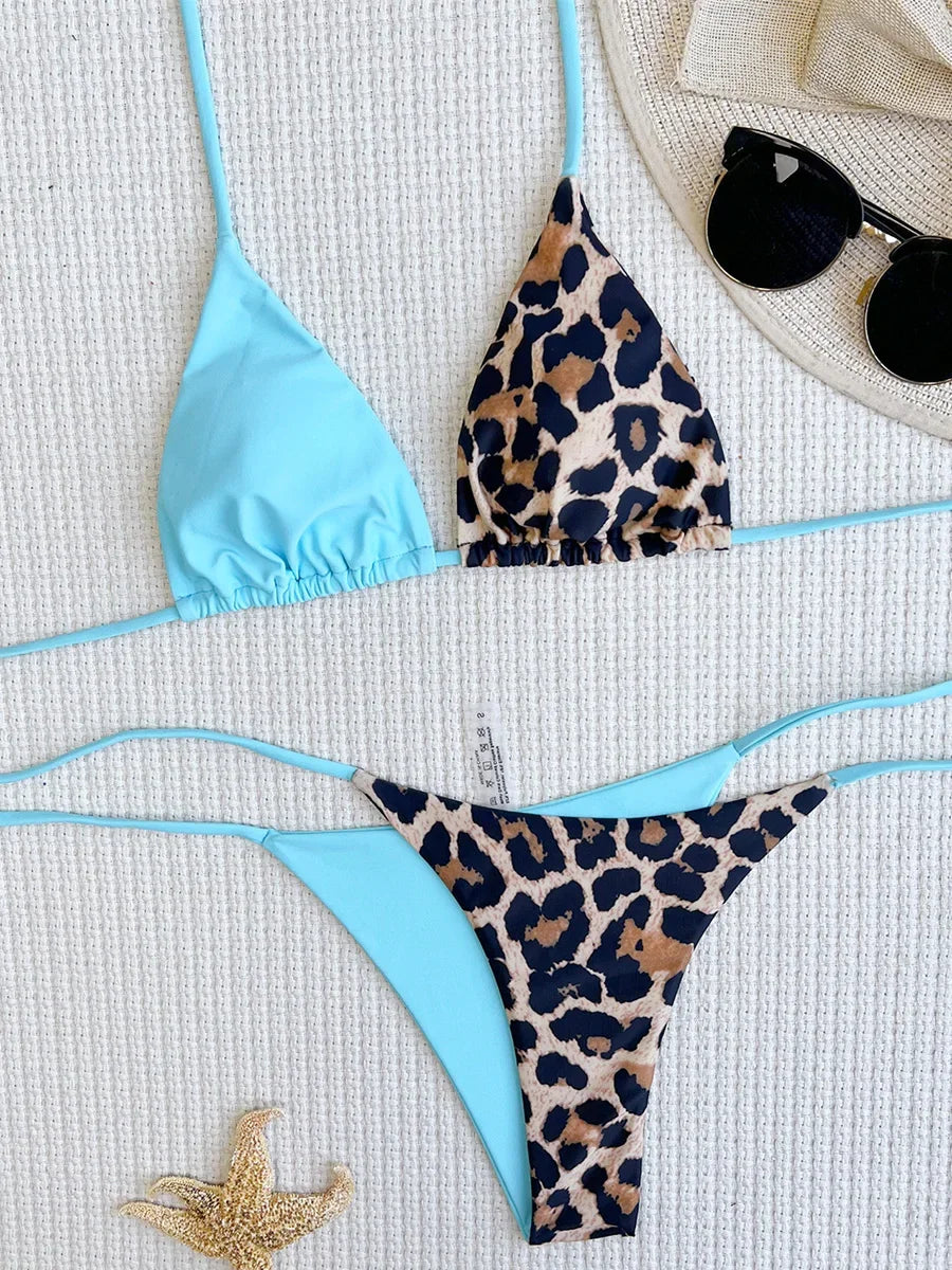 Halter Splicing Leopard Bikinis 2025 Satin Bikini Female Swimsuit Women Swimwear Two-pieces Bikini Set Micro Bathing Suit Swim