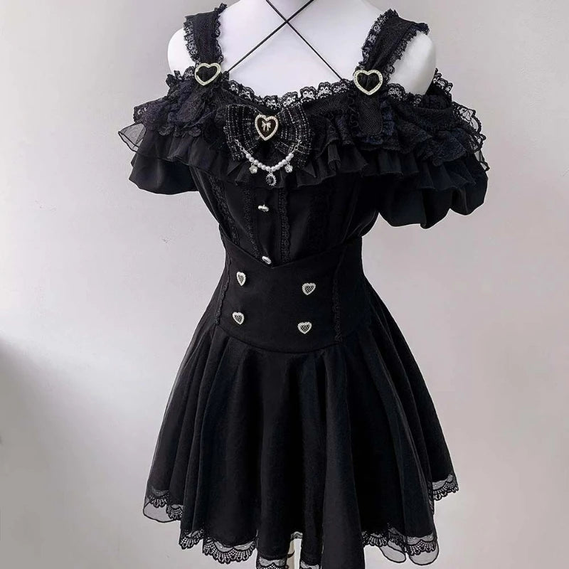 Japanese Gothic Y2k Lolita Style Skirt Sets Women Sweet Bow Off Shoulder Shirts Cute Mini Cake Skirts Korean Fashion Party Suit