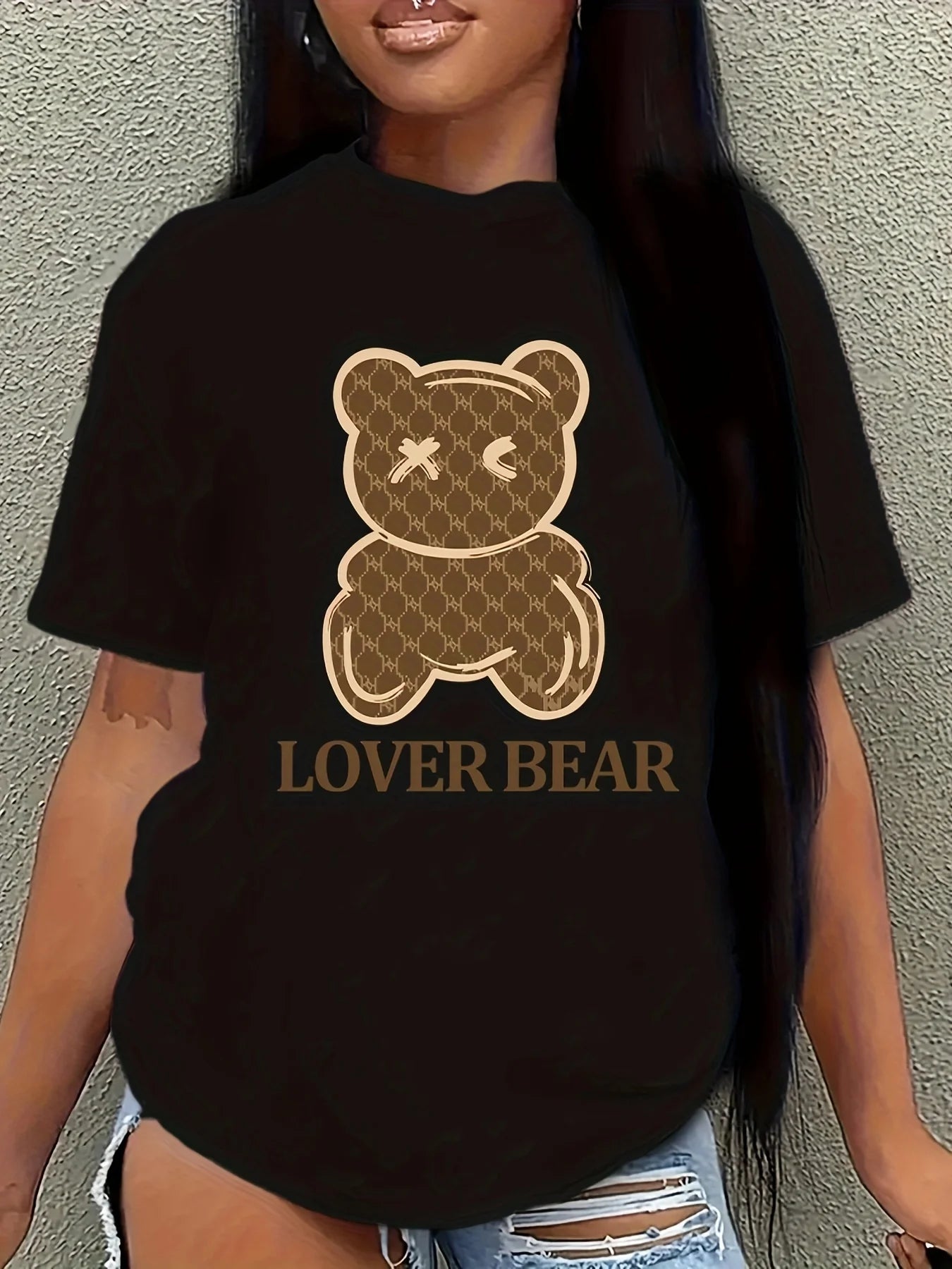 Bear & Letter Print Crew Neck T-Shirt, Casual Short Sleeve Top For Spring & Summer, Women's Clothing