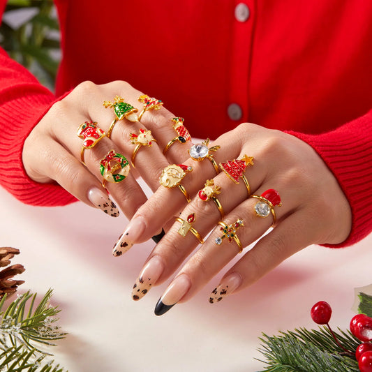 Christmas Tree Zircon Christmas Opening Ring For Women Dripping Oil Santa Cartoon Ring Elk Snowman Xmas Party Jewelry Friend