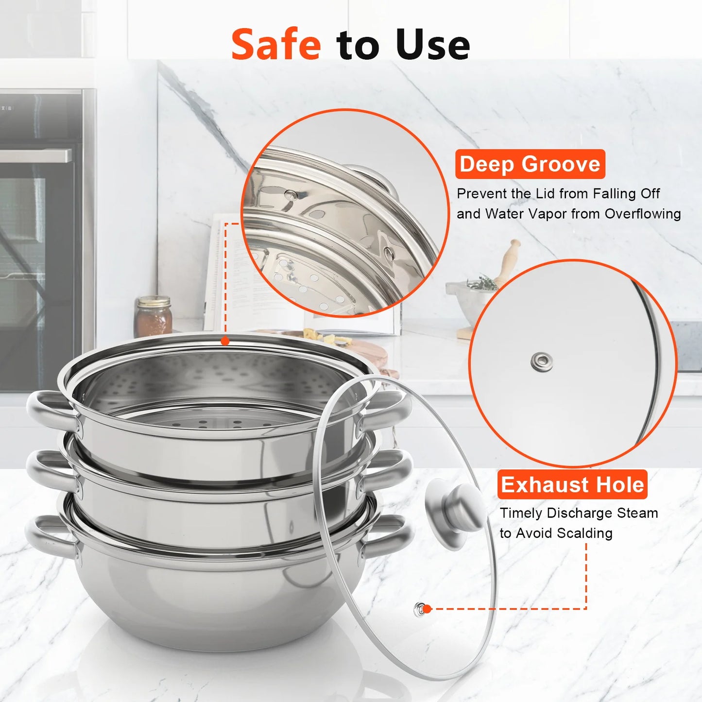 3 Tiers Stainless Steel Steamer 28cm Overlapping Steaming Pot Cookware Kitchen Soup Steamer Cooker Set Silver with Glass Lid