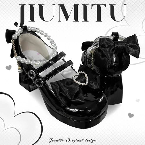 Lolita Shoes New Japanese Cute Round Head Pearl Bow Clips Leather Shoes Pumps Women Mary Jane Shoes High Heels Girls