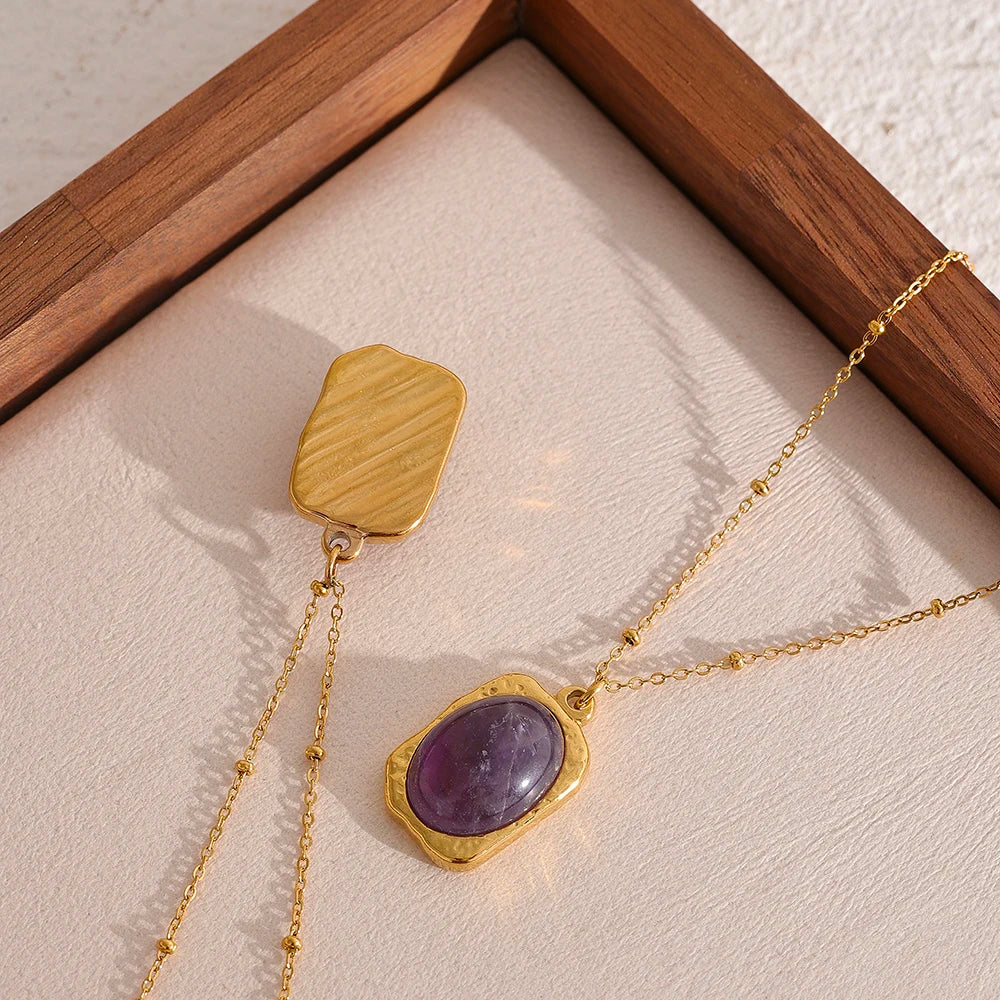 Yhpup Natural Stone Square Pendant Stainless Steel Necklace Amethyst Green Aventurine Charm Fashion Collar Jewelry  Women