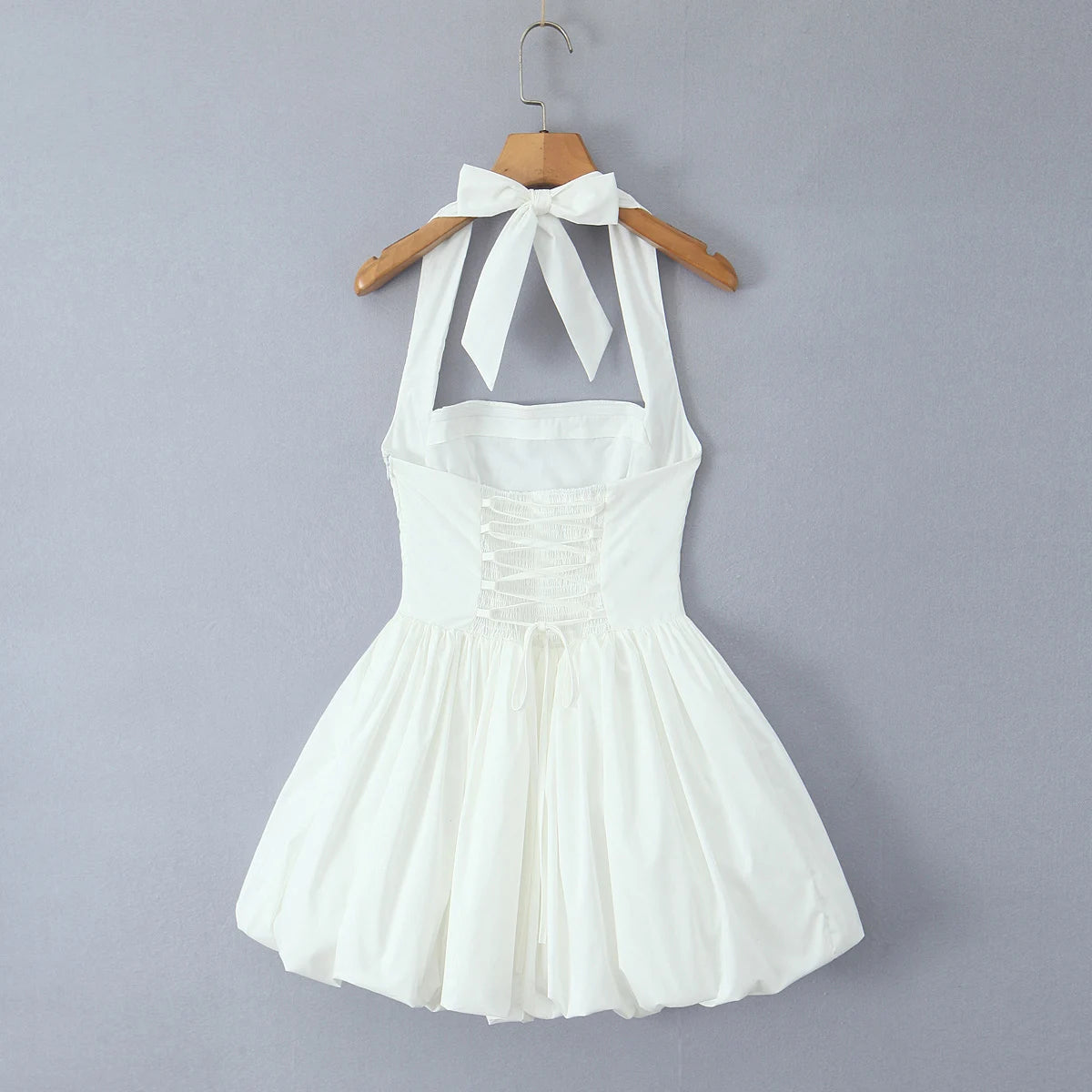 Sexy Bow Halter Slash Collar Lacing Up Bandage Back Sling Mini Dress Women Low Waist Ball Gown Pleated BUD Dresses Femme Robe