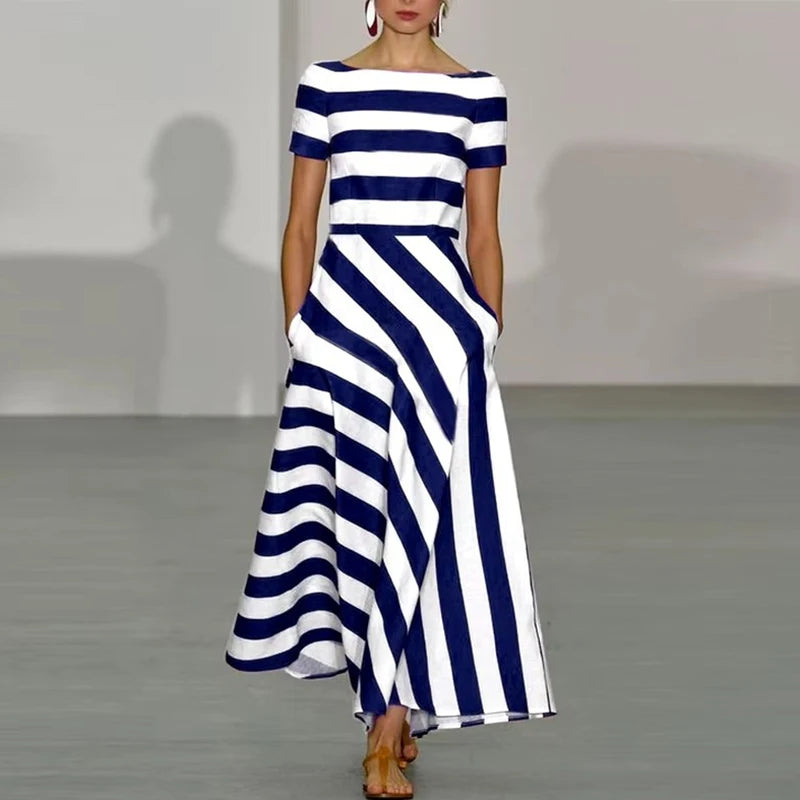 Summer Short Sleeve Long Dress Women Fashion Striped Printed A-Line Party Dresses For Women Casual Sundress
