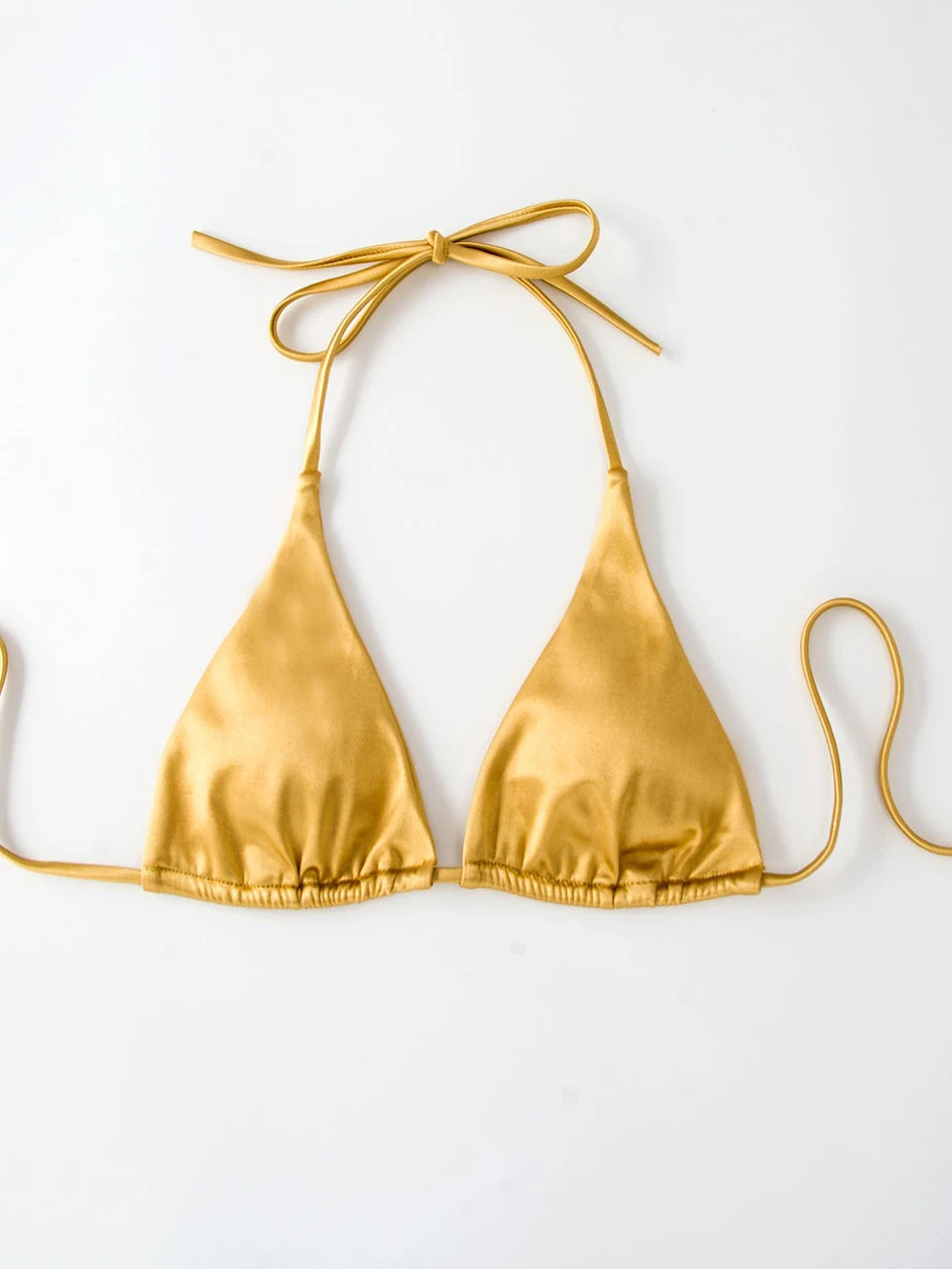 Metallic Halter Triangle Bikini 2023 Swimsuit Women Swimwear Female Bathing Suits Brazilian Thong Micro Bikinis Set Beach Wear
