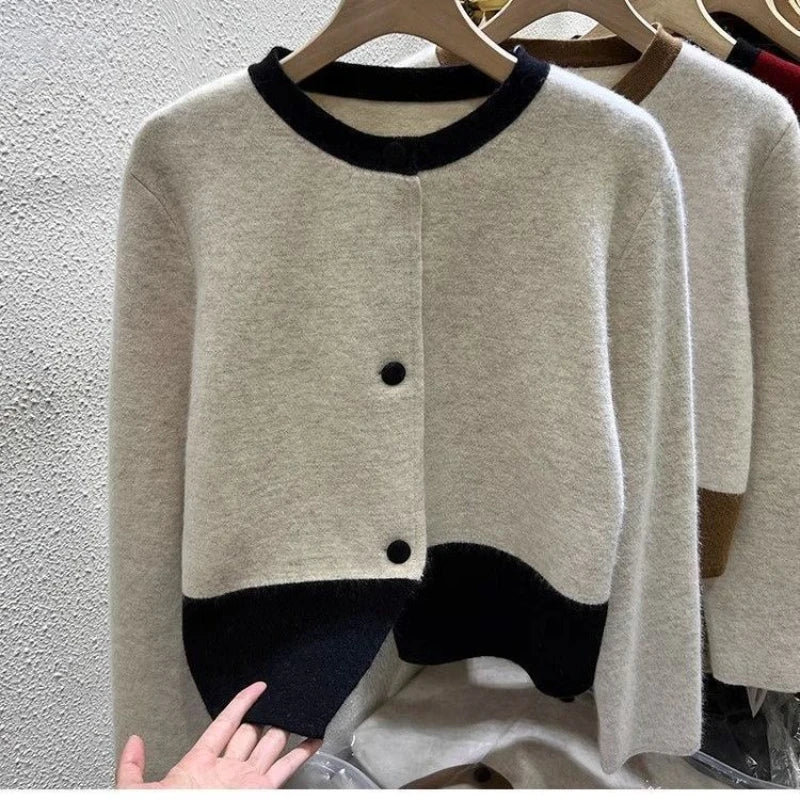 Xiaoxiangfeng Contrasting Color Sweater Jacket for Women in Autumn Winter Spring and Autumn Lazy Style Small Knitted Cardigan