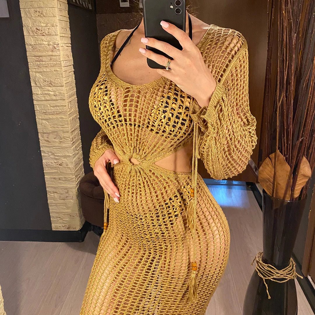 S - XL Long Sleeve Hollow Out Crochet Knitted Tunic Beach Cover Up Cover-ups Beach Dress Beach Wear Beachwear Female Women V5322