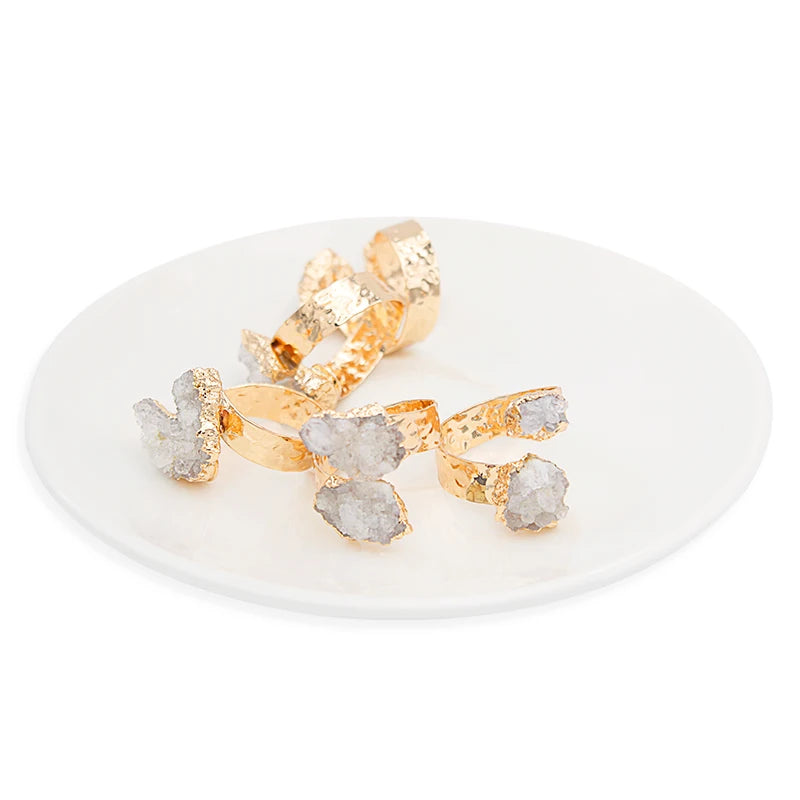 Irregular Raw Crystal Quartz Open Ring for Women Girls Gold-color Boho Natural Stone Finger Jewelry Resizable