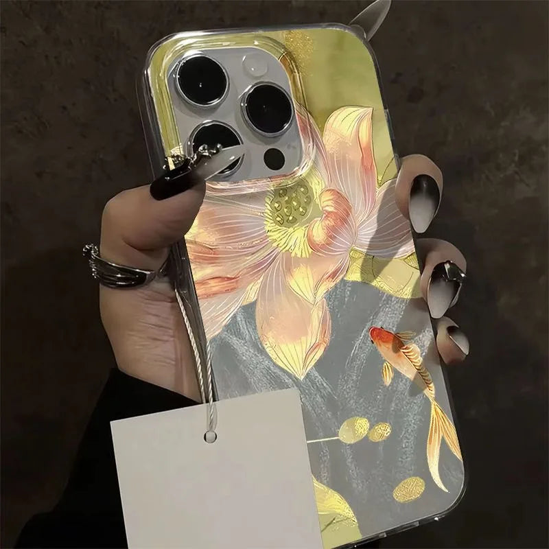 Colorful Golden Lotus Koi Phone Case For iPhone 17 Air 14 13 12 11 17 16 15 Pro Max 7 8 Plus SE2 Fashionable Shockproof Cover