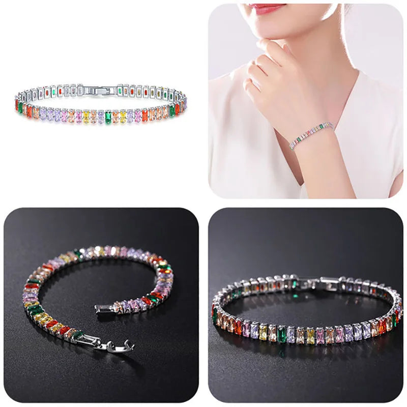 Rainbow Crystal Tennis Bracelets for Women Kpop Silver Color Friend Gifts Colorful Zirconia Bangle Chain on Hand Jewelry H167-M