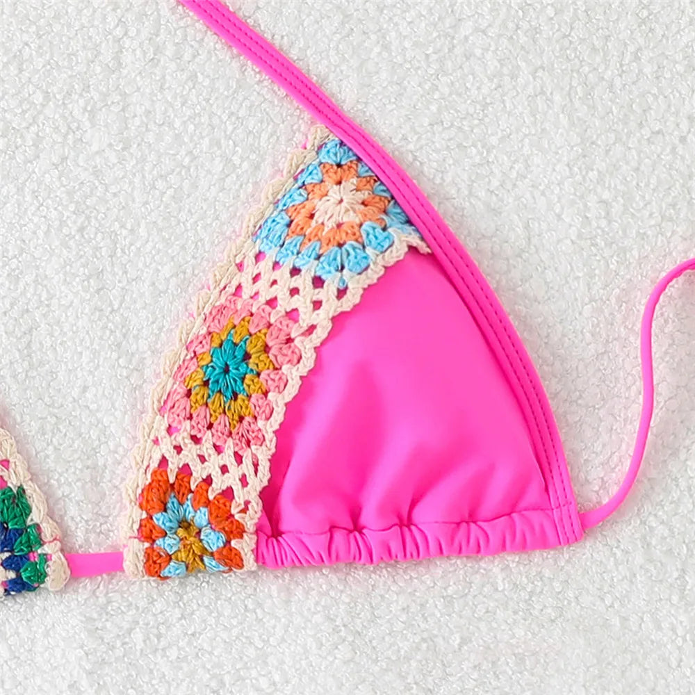 Black Thong Micro Knitted Crochet Bikini 2025 String Halter Swimwear Sexy Swimsuit Women Lace-up Bathing Suit Black Bikinis Sets