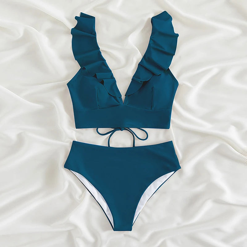 Riseado High Waist Bikinis Set Ruffle Shoulder Sexy Plunging Swimwear Women Bathing Suit Summer Beachwear