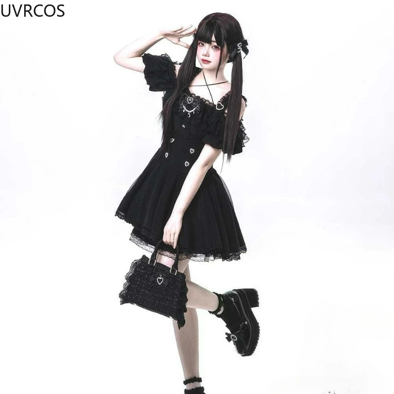 Japanese Gothic Y2k Lolita Style Skirt Sets Women Sweet Bow Off Shoulder Shirts Cute Mini Cake Skirts Korean Fashion Party Suit