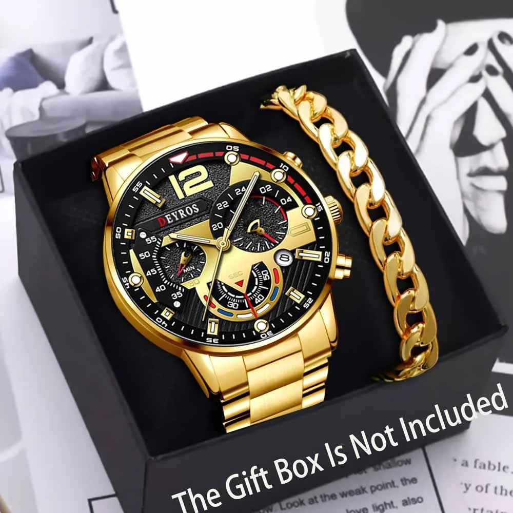 2Pcs Fashion Sporty Men's Watch Gloden Alloy Analog Watch Bracelet Quartz Wrist Watch Jewelry Set The Perfect Gift for Men