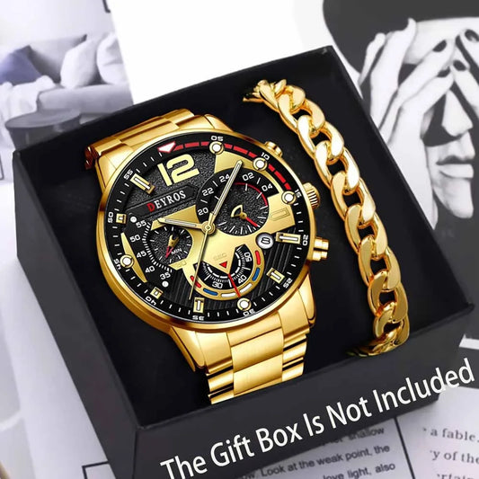 2Pcs Fashion Sporty Men's Watch Gloden Alloy Analog Watch Bracelet Quartz Wrist Watch Jewelry Set The Perfect Gift for Men