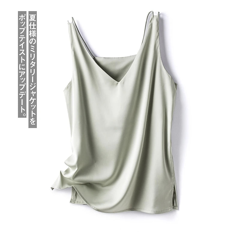 Women's New Four Seasons Inner Wear Silk Suspenders 2022 V-Neck Solid All-Match Satin Vest Soft Loose Thin Lady Sleeveless Tops