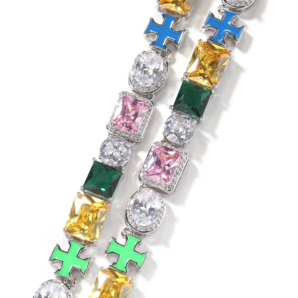TBTK Colorful Gem Necklace Multi Color Oil Chain Iced Out 5A+ Colorful Cubic Zircon Luxury Bracelet Necklace Hiphop Jewelry