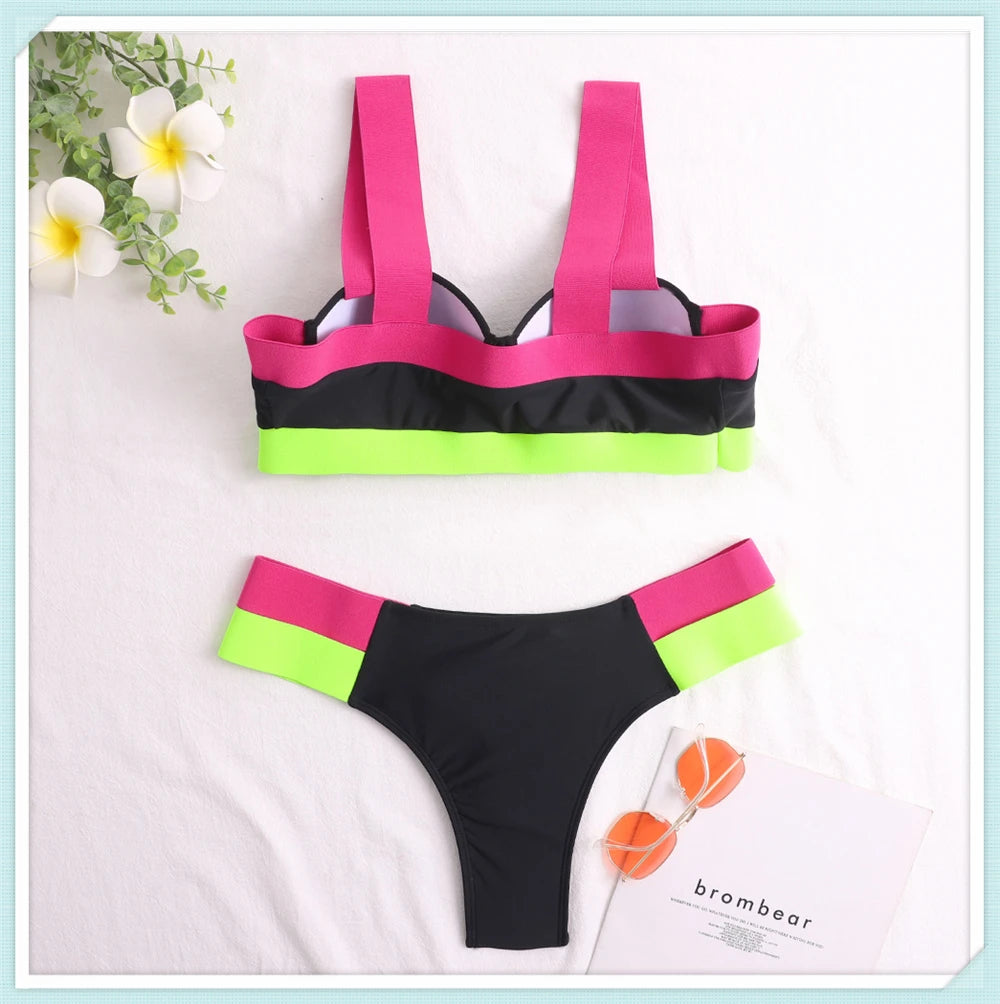 Solid Bandage Bikini Women Push Up Swimsuit Sexy Swimwear Female Brazilian Bathing Swimming Suit Bather Splicing Color Beachwear