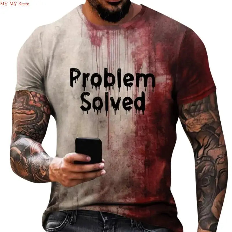 Men's Short Sleeve T-Shirt Digital Printed Design Problem Solved Letter Bloody Pattern Halloween Party Costume