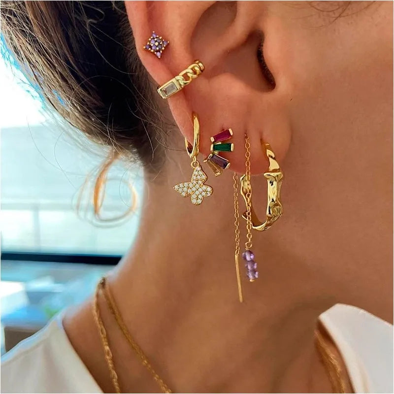 Colorful Crystal Earrings 925 Sterling Silver Ear Needle Stud Earrings for Women Cross Dangle Earrings Party Wedding Jewelry