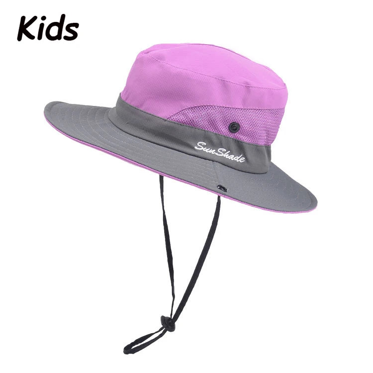 Women Summer Adjustable Bucket Hat with a Ponytail Hole Girls Sun Protection Hiking Cap Parent-child Outdoor Wide Brim Headgear