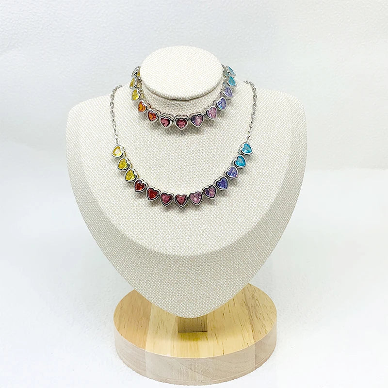 ZHUKOU Heart Rainbow bracelet for women 6 colors CZ stones necklace for women Summer adjustable jewelry sets wholesale VL333