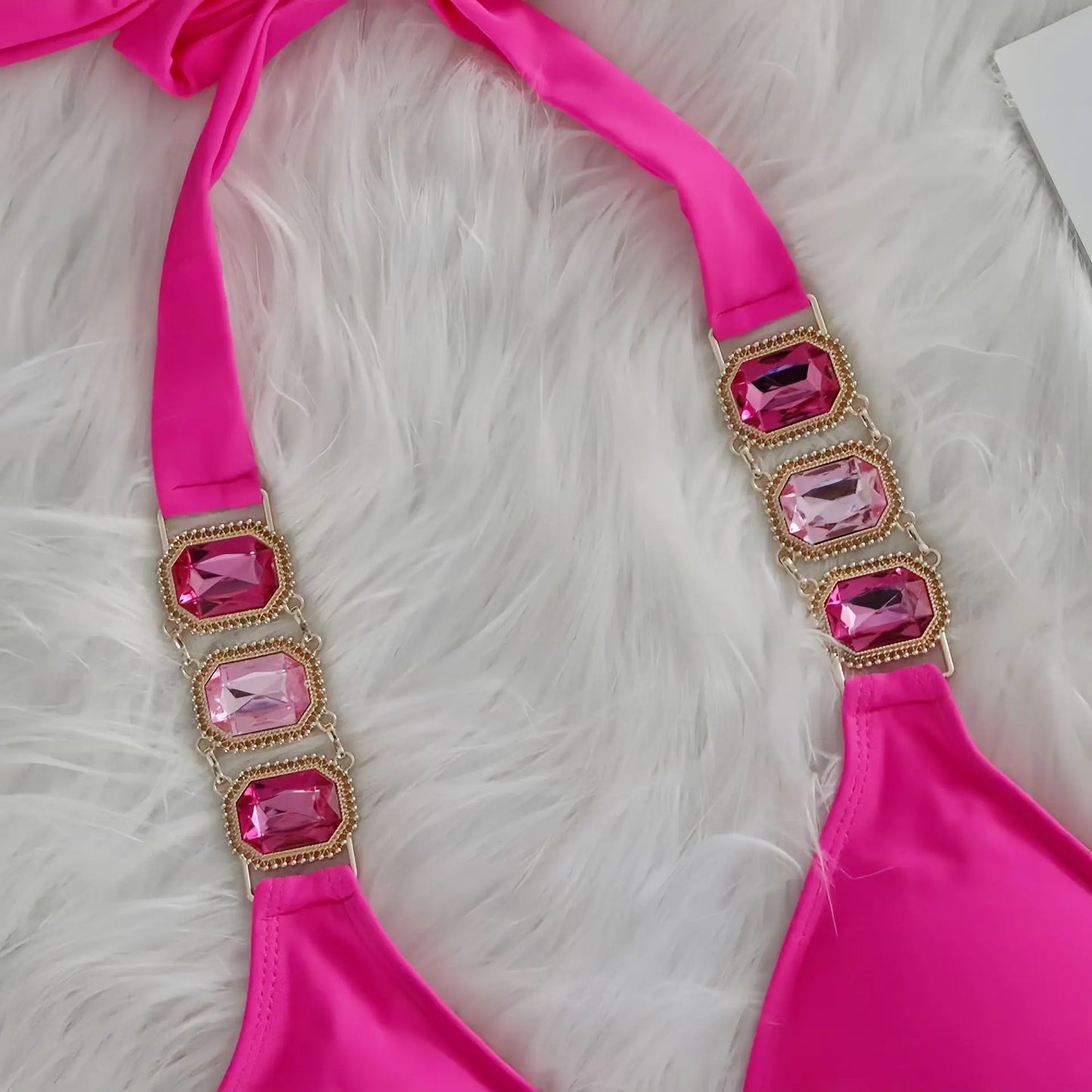 Sexy Rhinestone Bikini Set Women 2025 Luxury Pink Crystal Diamond Push Up Bandage Thong Swimsuit Beach Bathing Suit Swimwear