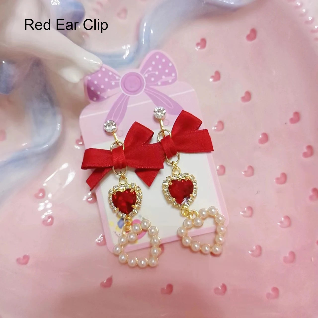 Lolita  Earrings Accessories for Women Lo Style Kawaii Bow Heart Earrings Clip/Needle Cute Women's Rhinestone Pearl