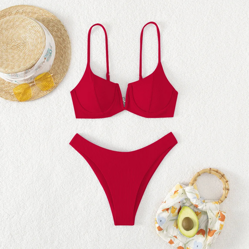 Sexy Underwired BikiniS 2024 Mujer Women Solid V-bra Push Up Two pieces Bikini Set High Cut Bathing Suit Padded Thong Swimsuit