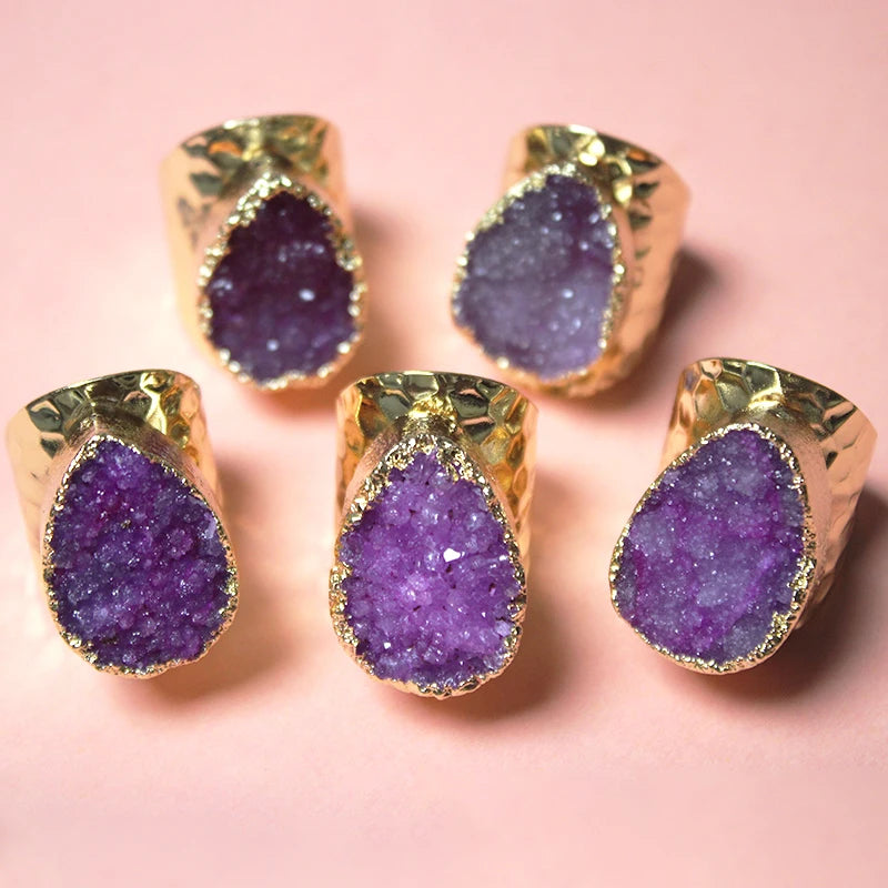 Elegant Crystal  Irregular Raw Druzy Stone Ring Gold Plated Boho Wide Open Finger Jewelry for Women Men Party Wedding