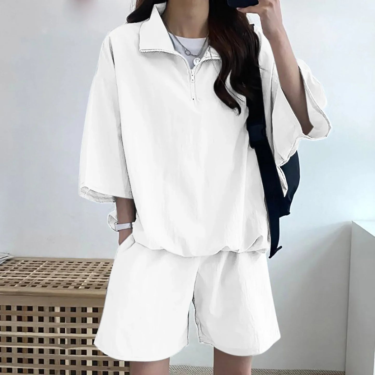 Korean Style Women's Summer Casual Sports Sun Protection Suit Two-Piece Set Workwear Jacket Shorts Polyester Fiber