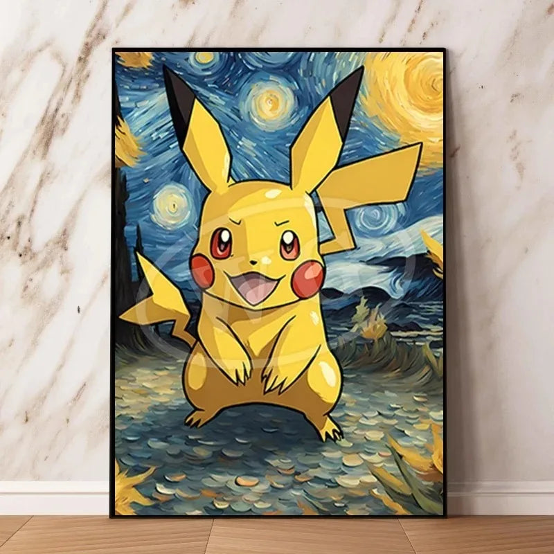 Van Gogh Museum Pocket Monster Anime Character Pikachu Canvas Painting Poster Living Room Bedroom Decoration Christmas Gift
