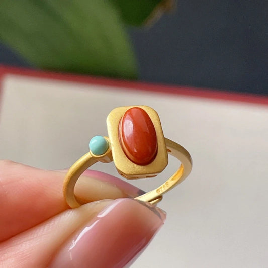 Exquisite artistic style Southern red tourmaline square rings for women inlay turquoise Simple charm jewelry adjustable