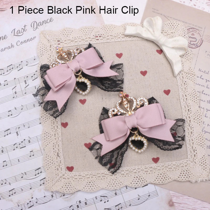 Kawaii Lo Bow Hair Accessories Headdress Girl Women's Sweet Cute Bow Crown Rhinestone Side Clip Lolita Hair Clip Lace Hairpin