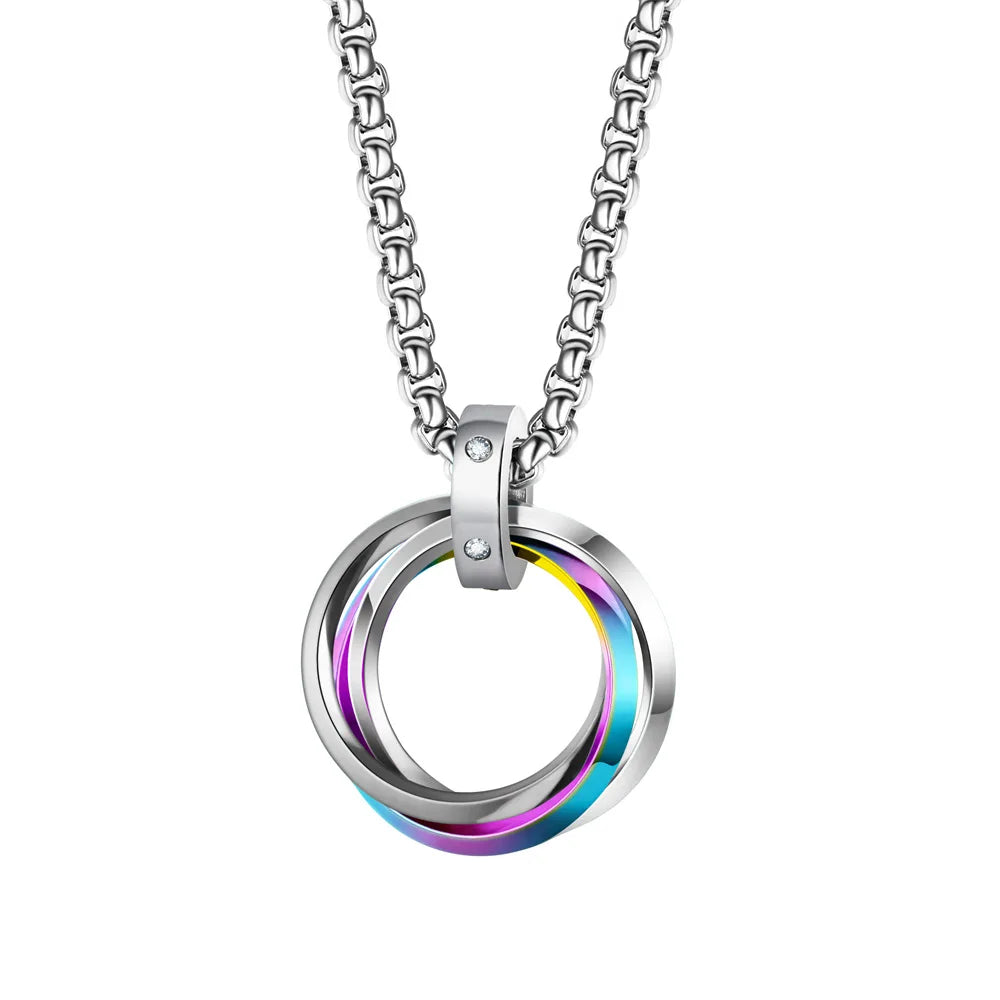 Fashion Men Necklace 3 Round Ring Stainless Steel Pendant Necklaces For Women Silver Color Chain Hiphop Rock Jewelry Accessories