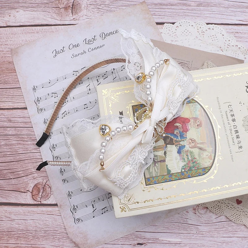 Japanese Luxury Lolita Hairband Headdress Handmade Big Bow Lace Crown Rhinestone Beaded Hair Accessories Hair Hoop for Women