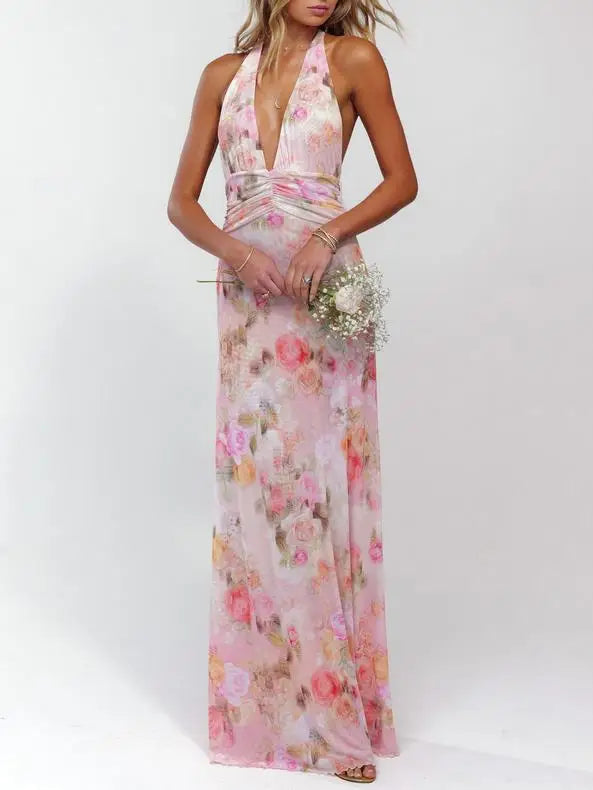 GuliriFei Women Long Dress, Sleeveless Halter Dress Backless Flower/Dots Print Summer Cocktail Dress