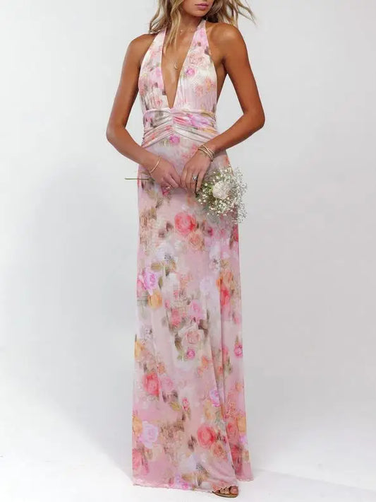 GuliriFei Women Long Dress, Sleeveless Halter Dress Backless Flower/Dots Print Summer Cocktail Dress