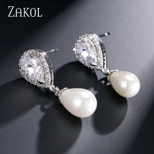 ZAKOL Fashion Imitation Pearl Dangle Earrings Luxury Jewelry for Women AAA Water Drop Cubic Zirconia Wedding Earring