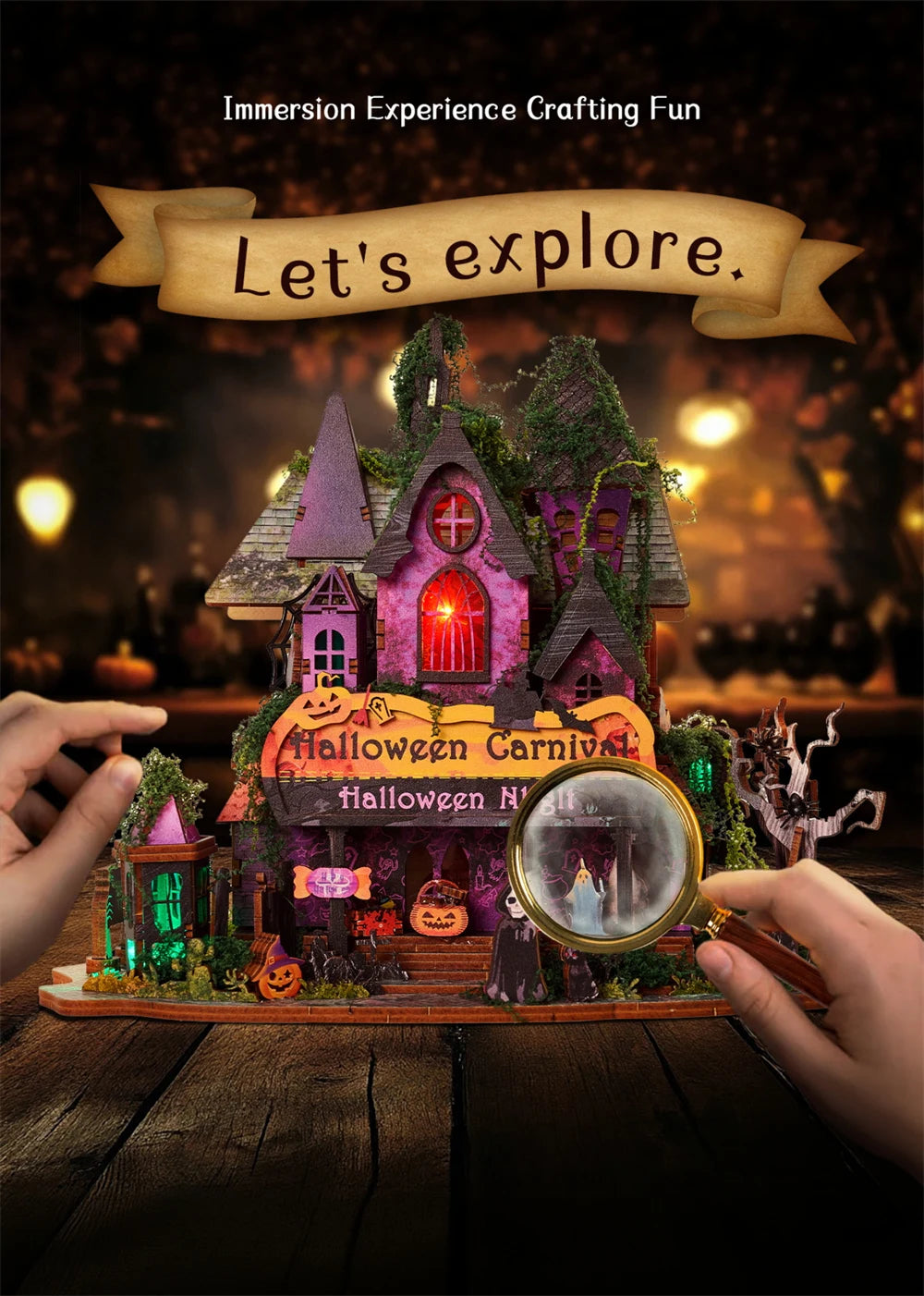 Retro DIY Wooden Halloween Night House Figurines Miniatures Kits With LED Lights Home Desk Decoration For Adult Handmade Gifts