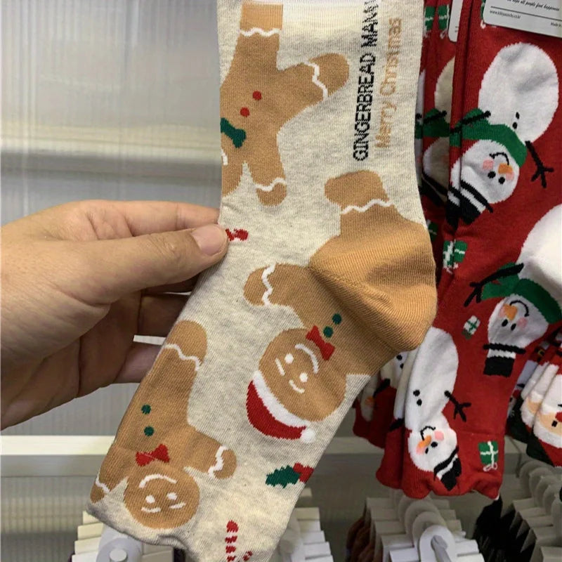 (1/4 Pair) Red Snowman Christmas Socks Gingerbread Man Christmas Mid Socks Christmas Gift Socks Autumn and Winter Warmth