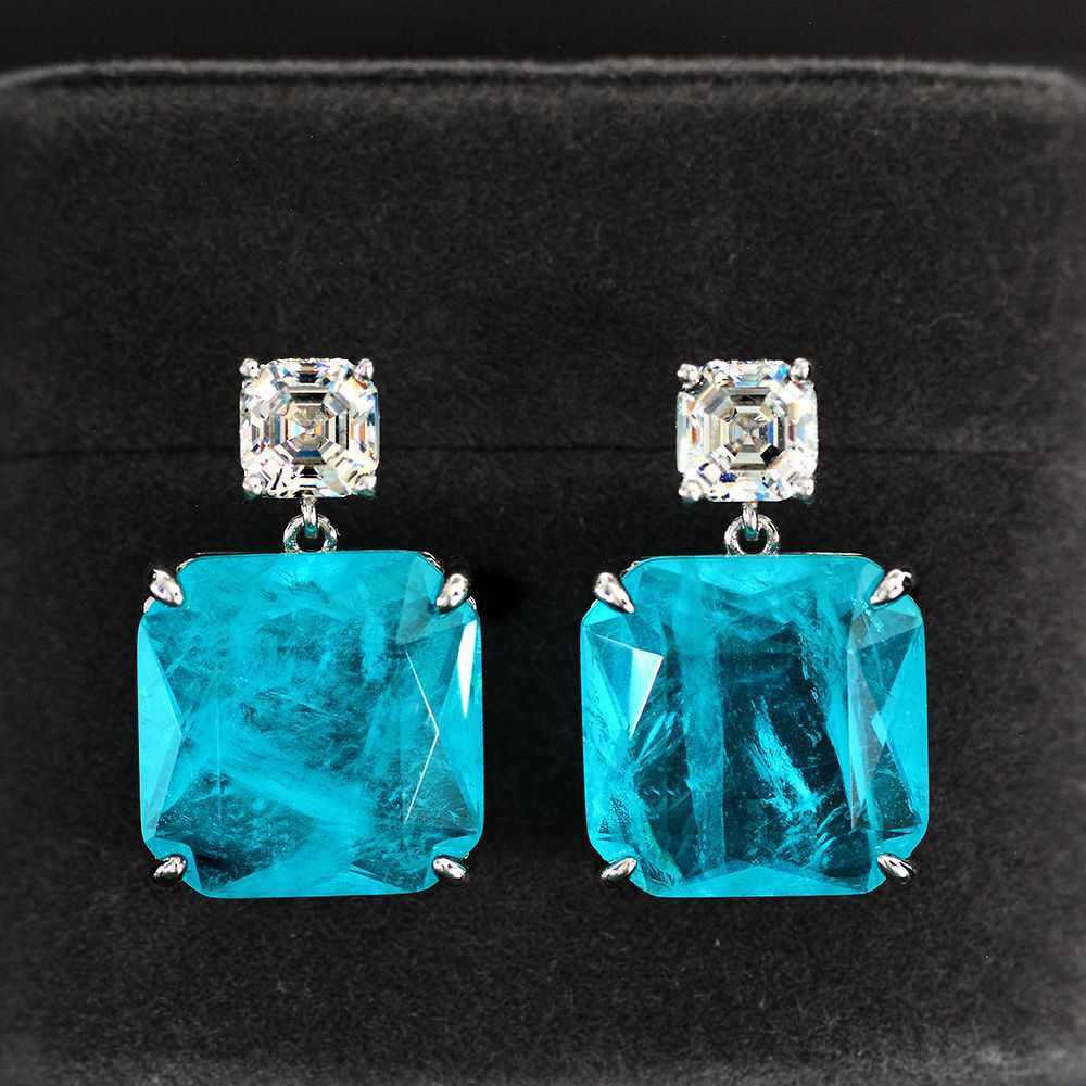 New Sparkling Paraiba Tourmaline Gemstone Drop Earrings 100% Sterling Silver High Carbon Diamond Fine Jewelry for Women