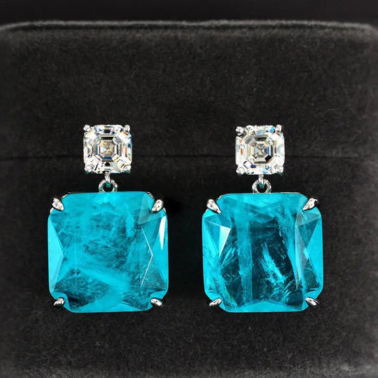 New Sparkling Paraiba Tourmaline Gemstone Drop Earrings 100% Sterling Silver High Carbon Diamond Fine Jewelry for Women