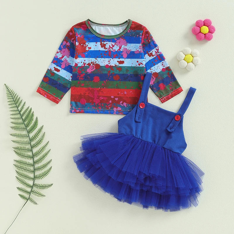 FOCUSNORM 1-5Y Lovely Little Girls Halloween Clothes Sets Bloody Stripe Print Long Sleeve Tops and Lace Tulle Suspender Skirt