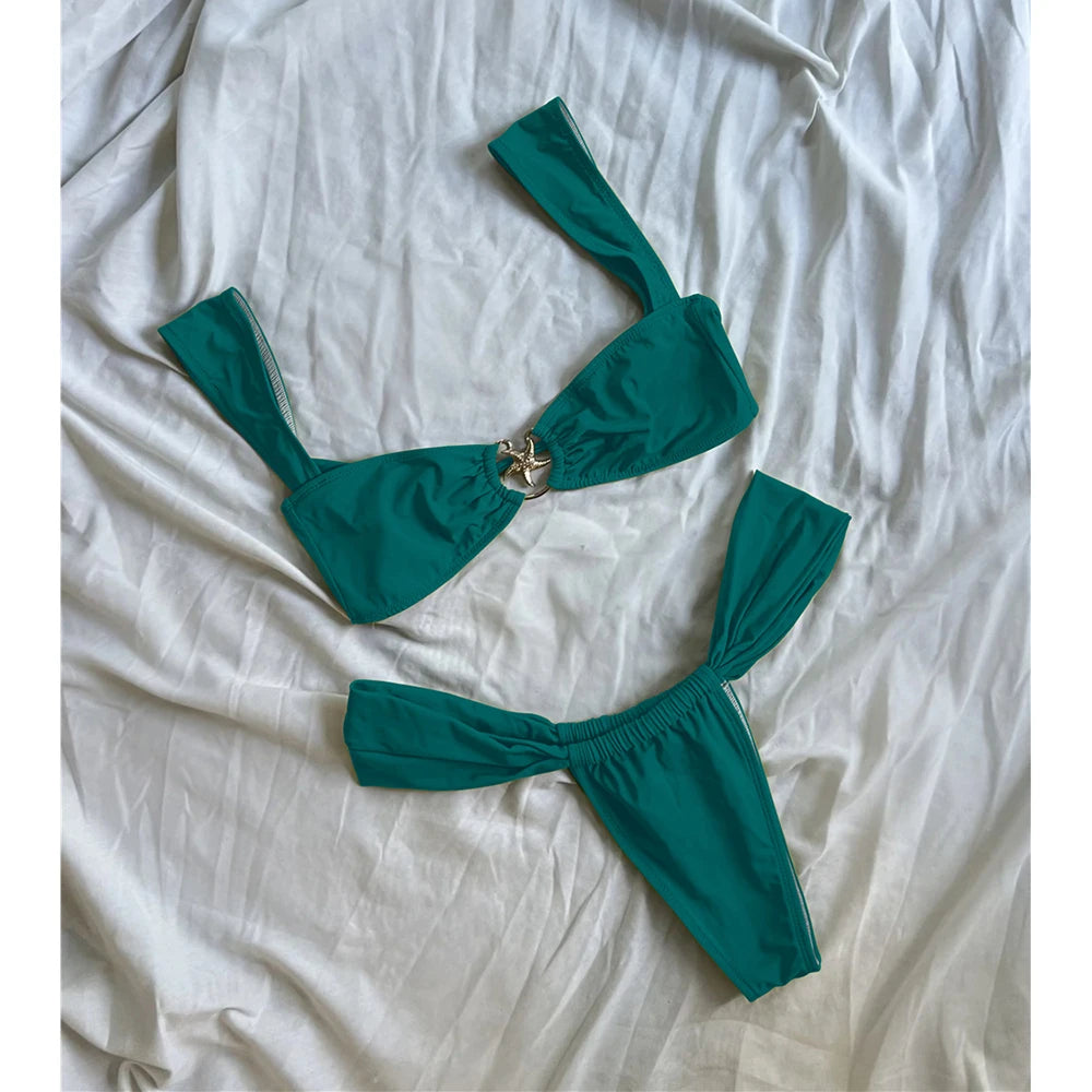 Push Up Bikinis Women Swimsuits 2025 Swimwear Sexy Starfish Bikini Set Thong Brazilian Biquini Bathing Suit Solid Beachwear