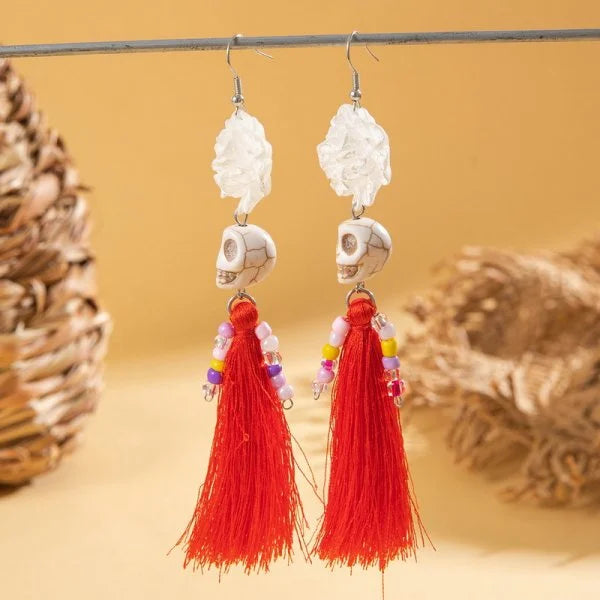 Halloween Skeleton Bride Skull Tassel Ear Dangle Earrings for Women Gothic Skull Drop Earrings Festival Party Jewelry Gift