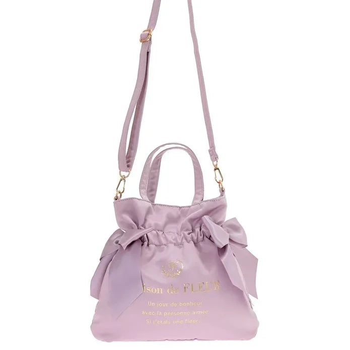 Japanese New Satin Double Bow Portable Shoulder Crossbody Women Bags with Long Shoulder Straps Sweet Letters Tote Bags